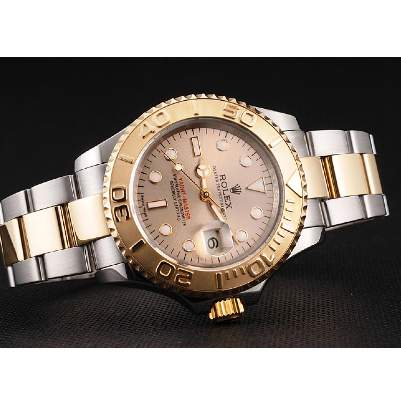 Aaa replica watch Tone Case Bracelet Gold Bezel Two Yacht-Master Stainless Rolex Swiss Champagne Dial Steel 0717